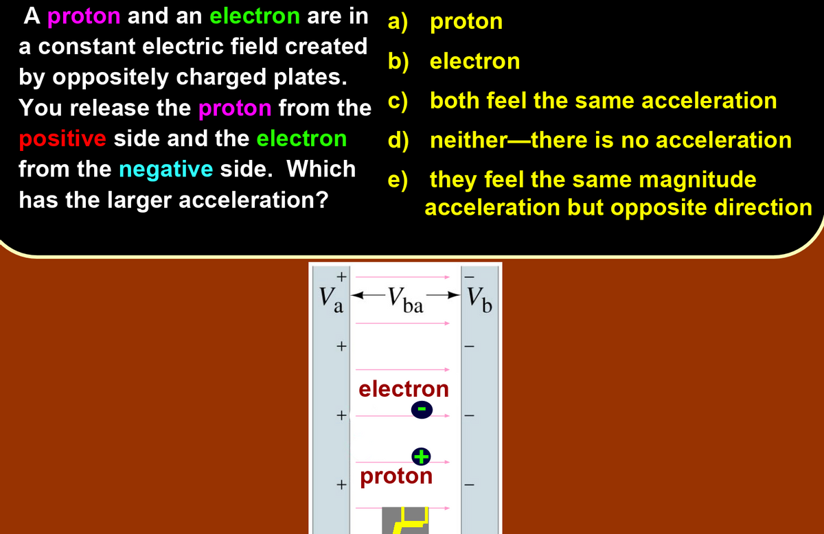 A proton and an electron are in
a) proton
a constant electric field created
b) electron
by oppositely charged plates.
You release the proton from the C) both feel the same acceleration
positive side and the electron
from the negative side. Which
has the larger acceleration?
d) neither-there is no acceleration
e) they feel the same magnitude
acceleration but opposite direction
V.
a
-Vba Vb
electron
+
+ proton
