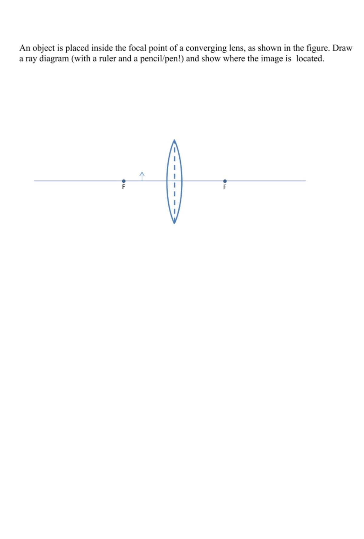 An object is placed inside the focal point of a converging lens, as shown in the figure. Draw
a ray diagram (with a ruler and a pencil/pen!) and show where the image is located.
F
F
