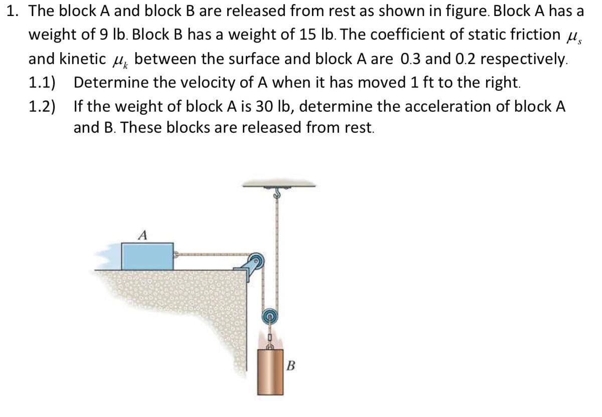 1. The block A and block B are released from rest as shown in figure. Block A has a
weight of 9 lb. Block B has a weight of 15 lb. The coefficient of static friction μ
and kinetic between the surface and block A are 0.3 and 0.2 respectively.
1.1) Determine the velocity of A when it has moved 1 ft to the right.
1.2) If the weight of block A is 30 lb, determine the acceleration of block A
and B. These blocks are released from rest.
A
B