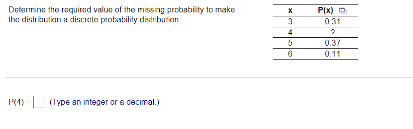 Determine the required value of the missing probability to make
the distribution a discrete probability distribution.
P(4) = (Type an integer or a decimal.)
X
3
4
5
6
P(x)
0.31
?
0.37
0.11