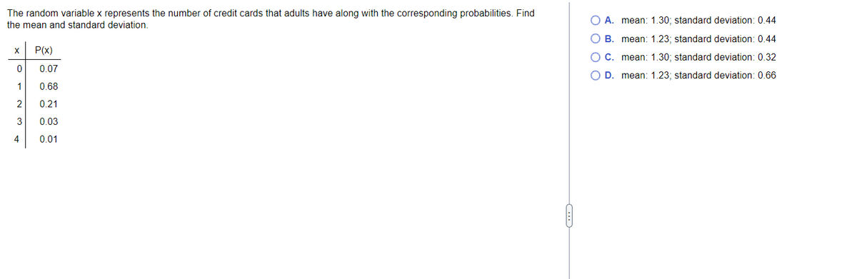 The random variable x represents the number of credit cards that adults have along with the corresponding probabilities. Find
the mean and standard deviation.
X P(x)
0
1
2
3
4
0.07
0.68
0.21
0.03
0.01
C
OA. mean: 1.30; standard deviation: 0.44
B. mean: 1.23; standard deviation: 0.44
C. mean: 1.30; standard deviation: 0.32
D. mean: 1.23; standard deviation: 0.66
O O O O