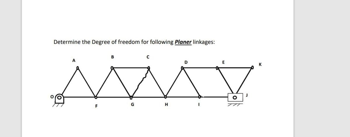 Determine the Degree of freedom for following Planer linkages:
B
A
D
K
H
F
