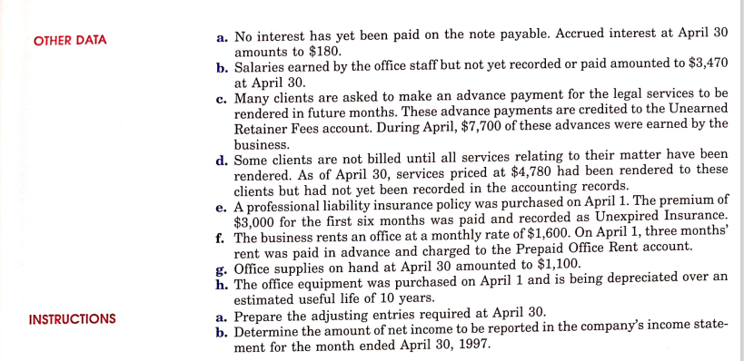 OTHER DATA
INSTRUCTIONS
a. No interest has yet been paid on the note payable. Accrued interest at April 30
amounts to $180.
b. Salaries earned by the office staff but not yet recorded or paid amounted to $3,470
at April 30.
c. Many clients are asked to make an advance payment for the legal services to be
rendered in future months. These advance payments are credited to the Unearned
Retainer Fees account. During April, $7,700 of these advances were earned by the
business.
d. Some clients are not billed until all services relating to their matter have been
rendered. As of April 30, services priced at $4,780 had been rendered to these
clients but had not yet been recorded in the accounting records.
e. A professional liability insurance policy was purchased on April 1. The premium of
$3,000 for the first six months was paid and recorded as Unexpired Insurance.
f. The business rents an office at a monthly rate of $1,600. On April 1, three months'
rent was paid in advance and charged to the Prepaid Office Rent account.
g. Office supplies on hand at April 30 amounted to $1,100.
h. The office equipment was purchased on April 1 and is being depreciated over an
estimated useful life of 10 years.
a. Prepare the adjusting entries required at April 30.
b. Determine the amount of net income to be reported in the company's income state-
ment for the month ended April 30, 1997.