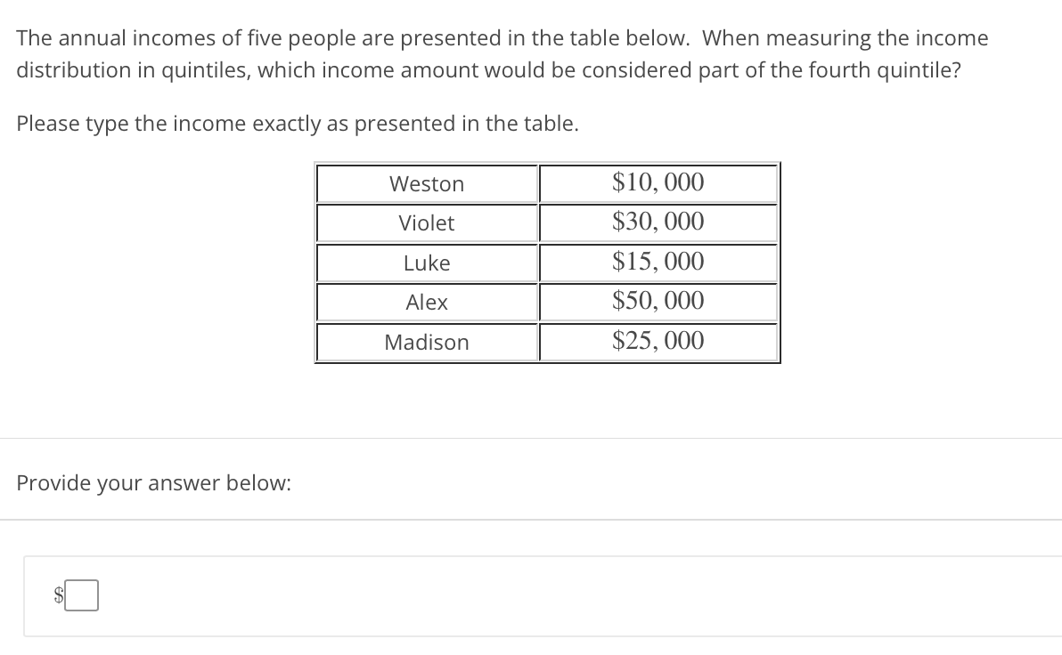 The annual incomes of five people are presented in the table below. When measuring the income
distribution in quintiles, which income amount would be considered part of the fourth quintile?
Please type the income exactly as presented in the table.
Weston
$10, 000
Violet
$30, 000
Luke
$15, 000
Alex
$50, 000
Madison
$25, 000
Provide your answer below:
