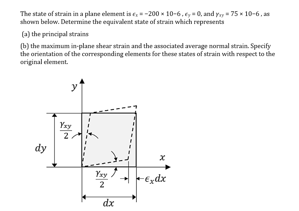 The state of strain in a plane element is ex =-200 x 10-6, Ey = 0, and yxy = 75 × 10-6 , as
shown below. Determine the equivalent state of strain which represents
(a) the principal strains
(b) the maximum in-plane shear strain and the associated average normal strain. Specify
the orientation of the corresponding elements for these states of strain with respect to the
original element.
y
Yxy
2
dy
Yxy
FExdx
dx
