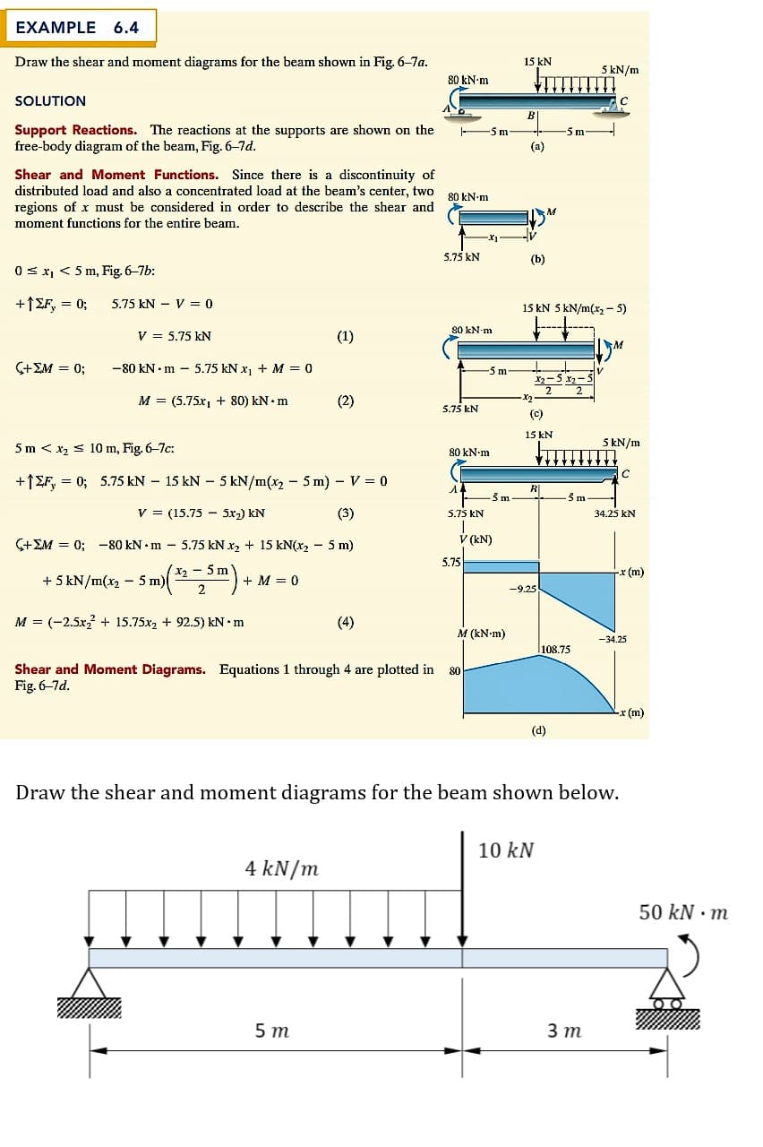 EXAMPLE
6.4
Draw the shear and moment diagrams for the beam shown in Fig. 6-7a.
15 kN
5 kN/m
80 kN-m
SOLUTION
Support Reactions. The reactions at the supports are shown on the
free-body diagram of the beam, Fig. 6-7d.
5m
-5 m
(a)
Shear and Moment Functions. Since there is a discontinuity of
distributed load and also a concentrated load at the beam's center, two 00 LNam
regions of x must be considered in order to describe the shear and
moment functions for the entire beam.
5.75 kN
(b)
0 s x, < 5 m, Fig. 6-7b:
+1£F, = 0;
5.75 kN - V = 0
15 kN 5 kN/m(x, - 5)
80 kN-m
V = 5.75 kN
(1)
(+EM = 0;
-80 kN • m – 5.75 kN x1 + M = 0
5m
-5x
M = (5.75x1 + 80) kN• m
(2)
5.75 kN
(C)
15 kN
5 kN/m
5 m < x2 s 10 m, Fig. 6-7c:
80 kN-m
+1EF, = 0; 5.75 kN – 15 kN – 5 kN/m(x, - 5 m) - V = 0
R|
V = (15.75 - 5x2) kN
(3)
5.75 kN
34.25 kN
(+EM = 0; -80 kN • m – 5.75 kN x2 + 15 kN(x2 – 5 m)
V (kN)
5.75
X2 - 5 m
x (m)
+ 5 kN/m(x2 - 5 m)
+ M = 0
-9.25
M = (-2.5x + 15.75x, + 92.5) kN •m
(4)
M (kN-m)
-34.25
l108.75
Shear and Moment Diagrams. Equations 1 through 4 are plotted in
Fig. 6-7d.
-x (m)
(d)
Draw the shear and moment diagrams for the beam shown below.
10 kN
4 kN/m
50 kN · m
5 т
3 т
