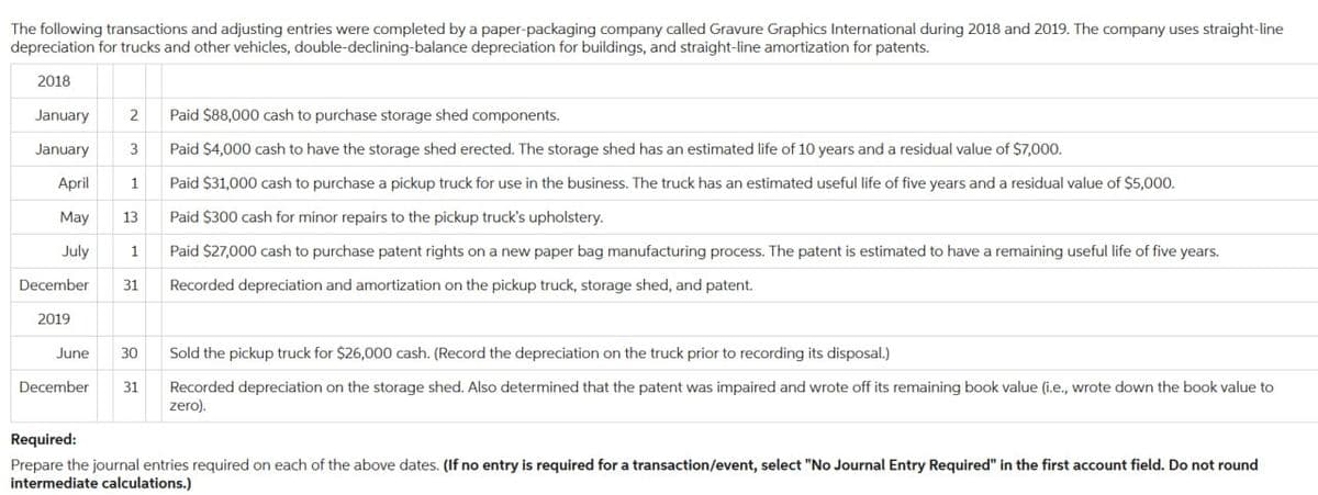 The following transactions and adjusting entries were completed by a paper-packaging company called Gravure Graphics International during 2018 and 2019. The company uses straight-line
depreciation for trucks and other vehicles, double-declining-balance depreciation for buildings, and straight-line amortization for patents.
2018
January 2
Paid $88,000 cash to purchase storage shed components.
January
3
Paid $4,000 cash to have the storage shed erected. The storage shed has an estimated life of 10 years and a residual value of $7,000.
April
Paid $31,000 cash to purchase a pickup truck for use in the business. The truck has an estimated useful life of five years and a residual value of $5,000.
Paid $300 cash for minor repairs to the pickup truck's upholstery.
May
13
July 1
Paid $27,000 cash to purchase patent rights on a new paper bag manufacturing process. The patent is estimated to have a remaining useful life of five years.
December 31 Recorded depreciation and amortization on the pickup truck, storage shed, and patent.
2019
June
1
30
December 31
Sold the pickup truck for $26,000 cash. (Record the depreciation on the truck prior to recording its disposal.)
Recorded depreciation on the storage shed. Also determined that the patent was impaired and wrote off its remaining book value (i.e., wrote down the book value to
zero).
Required:
Prepare the journal entries required on each of the above dates. (If no entry is required for a transaction/event, select "No Journal Entry Required" in the first account field. Do not round
intermediate calculations.)