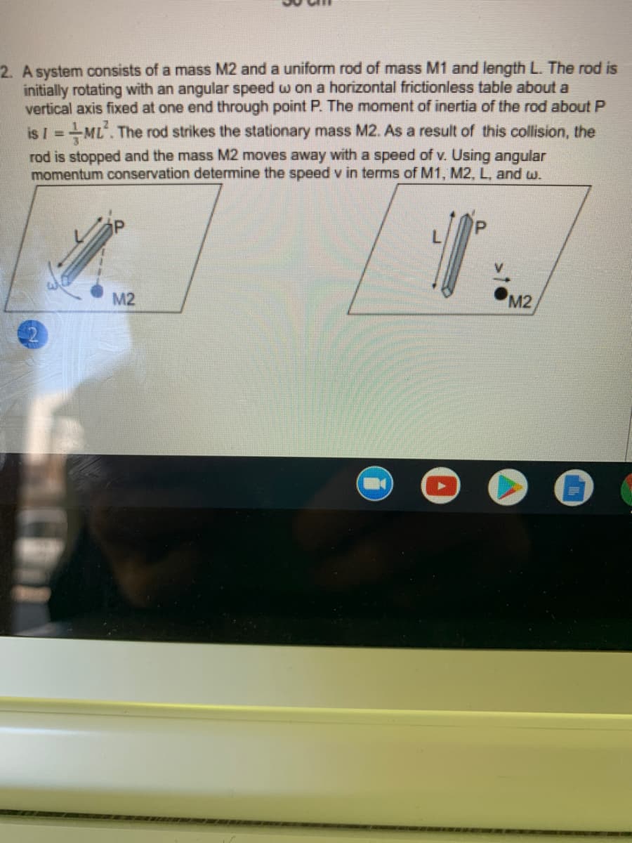 2. A system consists of a mass M2 and a uniform rod of mass M1 and length L. The rod is
initially rotating with an angular speed w on a horizontal frictionless table about a
vertical axis fixed at one end through point P. The moment ofinertia of the rod about P
is I =ML. The rod strikes the stationary mass M2. As a result of this collision, the
rod is stopped and the mass M2 moves away with a speed of v. Using angular
momentum conservation determine the speed v in terms of M1, M2, L, and w.
M2
M2
