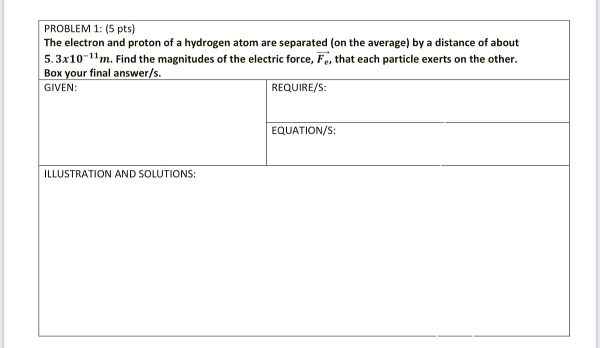 PROBLEM 1: (5 pts)
The electron and proton of a hydrogen atom are separated (on the average) by a distance of about
5. 3x10-11m. Find the magnitudes of the electric force, Fe, that each particle exerts on the other.
Box your final answer/s.
GIVEN:
REQUIRE/S:
EQUATION/S:
ILLUSTRATION AND SOLUTIONS:
