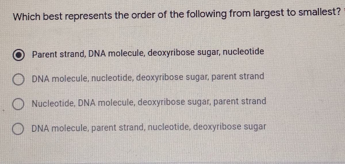 Which best represents the order of the following from largest to smallest?
Parent strand, DNA molecule, deoxyribose sugar, nucleotide
DNA molecule, nucleotide, deoxyribose sugar, parent strand
Nucleotide, DNA molecule, deoxyribose sugar, parent strand
DNA molecule, parent strand, nucleotide, deoxyribose sugar
