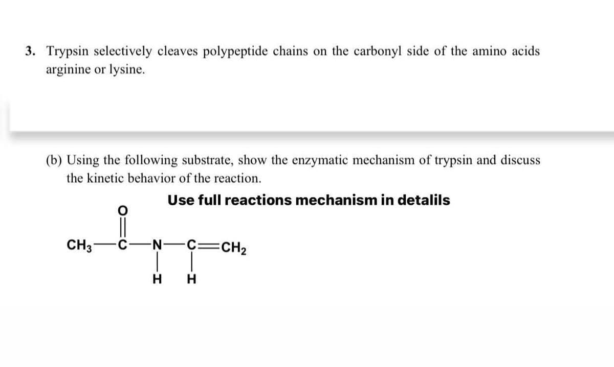 3. Trypsin selectively cleaves polypeptide chains on the carbonyl side of the amino acids
arginine or lysine.
(b) Using the following substrate, show the enzymatic mechanism of trypsin and discuss
the kinetic behavior of the reaction.
Use full reactions mechanism in detalils
CH3
N-C=CH2
H.
