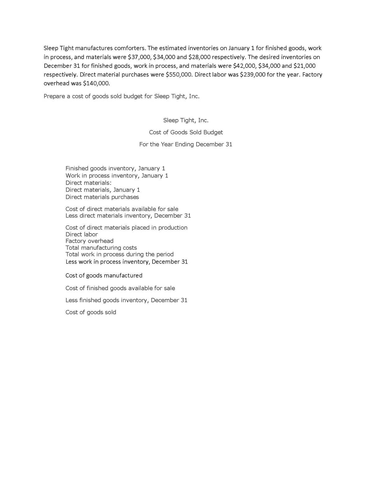 Sleep Tight manufactures comforters. The estimated inventories on January 1 for finished goods, work
in process, and materials were $37,000, $34,000 and $28,000 respectively. The desired inventories on
December 31 for finished goods, work in process, and materials were $42,000, $34,000 and $21,000
respectively. Direct material purchases were $550,000. Direct labor was $239,000 for the year. Factory
overhead was $140,000.
Prepare a cost of goods sold budget for Sleep Tight, Inc.
Sleep Tight, Inc.
Cost of Goods Sold Budget
For the Year Ending December 31
Finished goods inventory, January 1
Work in process inventory, January 1
Direct materials:
Direct materials, January 1
Direct materials purchases
Cost of direct materials available for sale
Less direct materials inventory, December 31
Cost of direct materials placed in production
Direct labor
Factory overhead
Total manufacturing costs
Total work in process during the period
Less work in process inventory, December 31
Cost of goods manufactured
Cost of finished goods available for sale
Less finished goods inventory, December 31
Cost of goods sold
