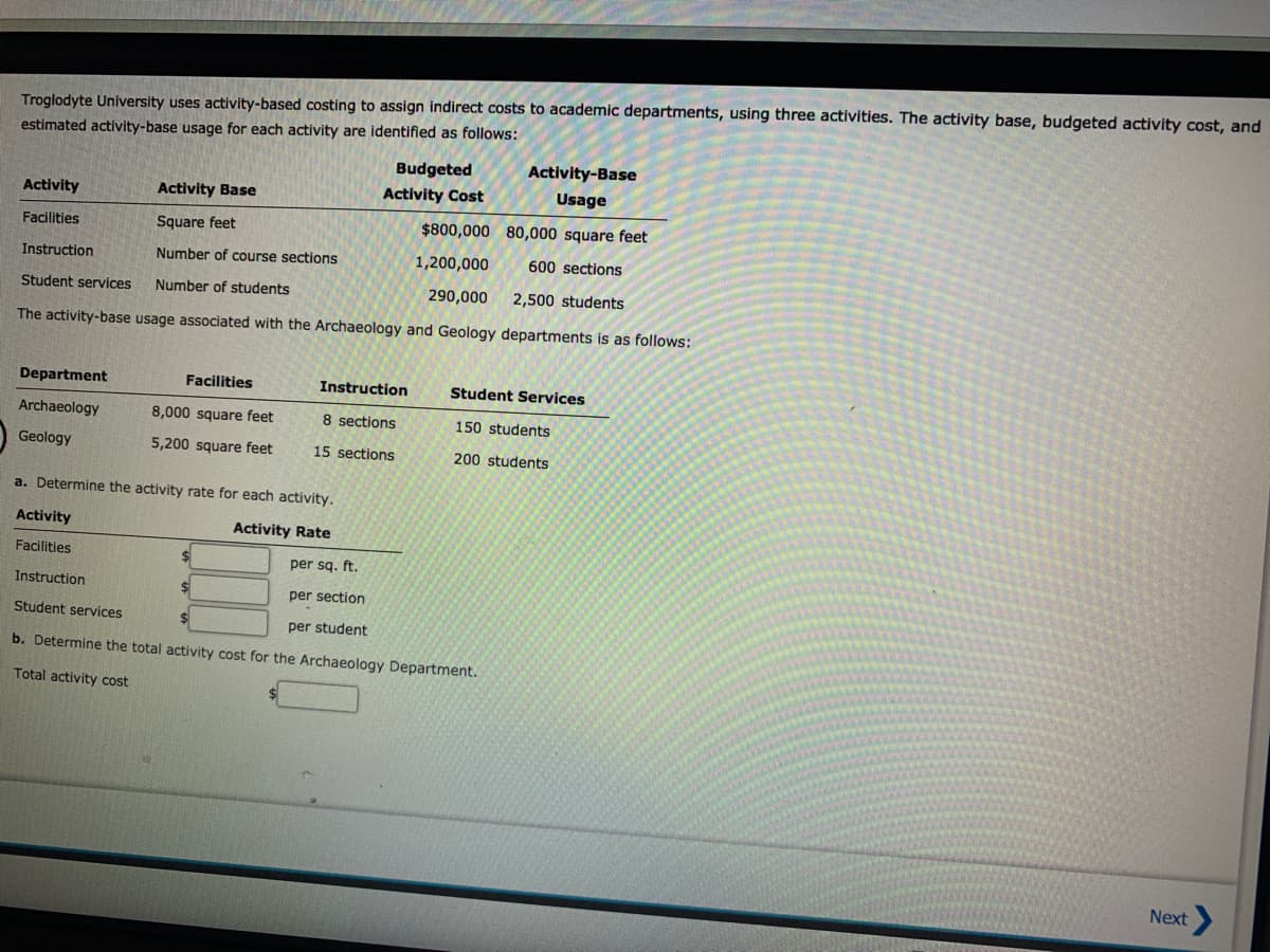 Troglodyte University uses activity-based costing to assign indirect costs to academic departments, using three activities. The activity base, budgeted activity cost, and
estimated activity-base usage for each activity are identified as follows:
Budgeted
Activity-Base
Activity
Activity Base
Activity Cost
Usage
Facilities
Square feet
$800,000 80,000 square feet
Instruction
Number of course sections
1,200,000
600 sections
Student services
Number of students
290,000
2,500 students
The activity-base usage associated with the Archaeology and Geology departments is as follows:
Department
Facilities
Instruction
Student Services
Archaeology
8,000 square feet
8 sections
150 students
Geology
5,200 square feet
15 sections
200 students
a. Determine the activity rate for each activity.
Activity
Activity Rate
Facilities
per sq. ft.
Instruction
per section
Student services
per student
b. Determine the total activity cost for the Archaeology Department.
Total activity cost
Next
