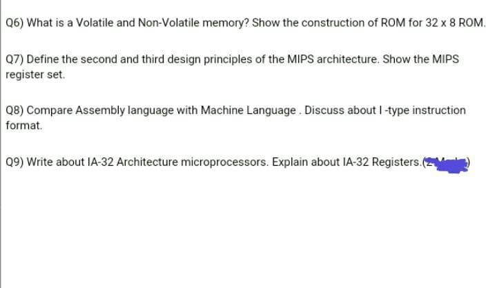 Q6) What is a Volatile and Non-Volatile memory? Show the construction of ROM for 32 x 8 ROM.
Q7) Define the second and third design principles of the MIPS architecture. Show the MIPS
register set.
Q8) Compare Assembly language with Machine Language. Discuss about I-type instruction
format.
Q9) Write about IA-32 Architecture microprocessors. Explain about IA-32 Registers.(2
