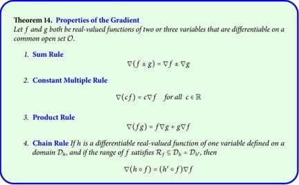 Theorem 14. Properties of the Gradient
Let f and g both be real-valued functions of two or three variables that are differentiable on a
common open set O.
1. Sum Rule
2. Constant Multiple Rule
3. Product Rule
v(f+g) = Vf+Vg
(cf)=cf for all ceR
v(fg) =fvg+gVf
4. Chain Rule If h is a differentiable real-valued function of one variable defined on a
domain D, and if the range of f satisfies R, D = Dw, then
v(hof) = (h' of)vf