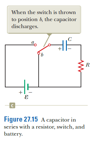 When the switch is thrown
to position b, the capacitor
discharges.
a
R
Figure 27.15 A capacitor in
series with a resistor, switch, and
battery.
3.
