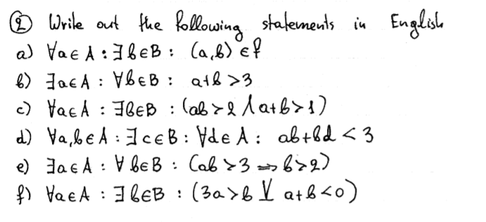 O Wrile at fhe following stalements in Englee
a) Vae A :1BEB : (a,b) ef
6) Jae A : VBEB : at8 >3
c) VacA : 3BEB : (ab >&la+b>
d) Va,be A :IceB : Vde A : abtbd <3
e) Jae A : V be B : Cab >3 => b>2)
f) Va eA : 36EB :
(3a>b Y at&<o)
