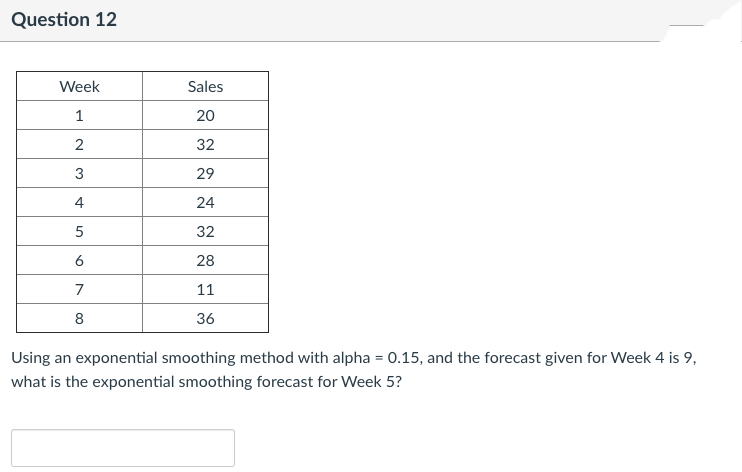 Question 12
Week
Sales
1
20
2
32
29
4
24
5
32
6
28
7
11
8
36
Using an exponential smoothing method with alpha = 0.15, and the forecast given for Week 4 is 9,
what is the exponential smoothing forecast for Week 5?
