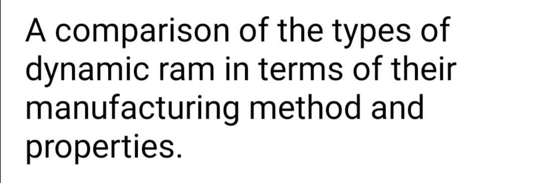 A comparison of the types of
dynamic ram in terms of their
manufacturing method and
properties.
