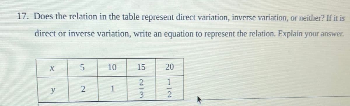17. Does the relation in the table represent direct variation, inverse variation, or neither? If it is
direct or inverse variation, write an equation to represent the relation. Explain your answer.
10
15
20
y
2
3
2
