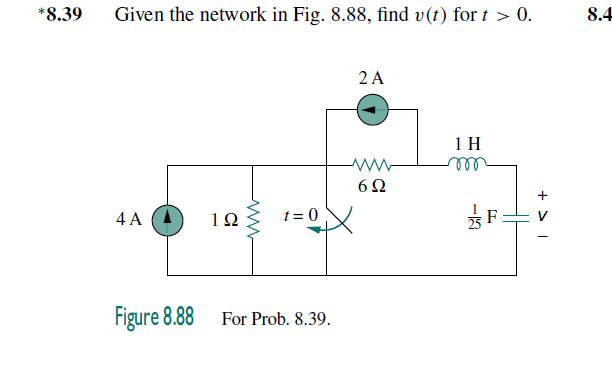 *8.39
Given the network in Fig. 8.88, find v(t) for t > 0.
8.4
2 A
1 H
ll
4 A
12
t = 0
Figure 8.88
For Prob. 8.39.
+ >I
ww
