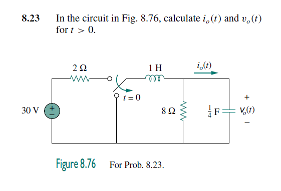 In the circuit in Fig. 8.76, calculate i,(t) and v,(t)
for t > 0.
8.23
i,(t)
1H
ll
Pt = 0
30 V
8Ω
V,(1)
Figure 8.76
For Prob. 8.23.
H
