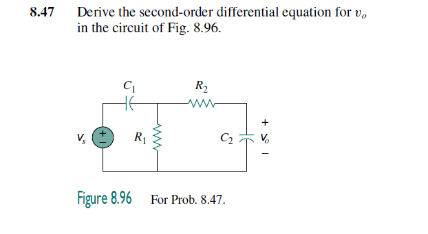 Derive the second-order differential equation for v,
in the circuit of Fig. 8.96.
8.47
R2
+
R1
C2
Figure 8.96
For Prob. 8.47.
