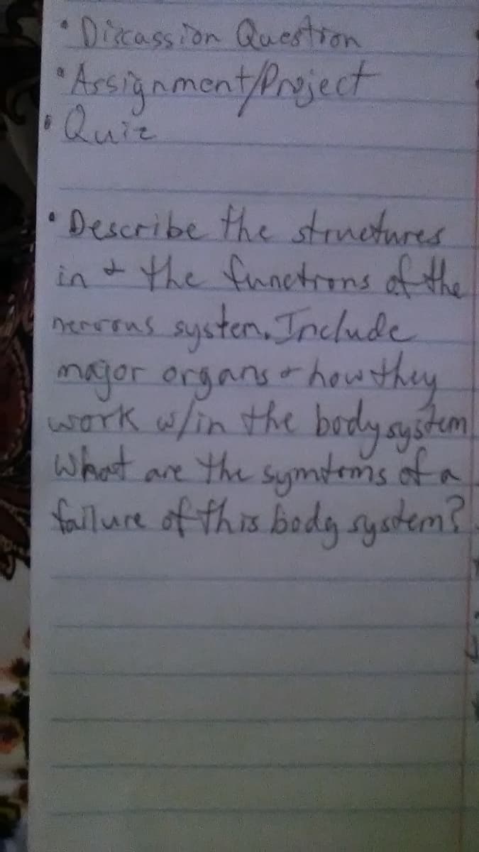 Dicassion Question
ArsignmentyPrgject
Quie
Describe the struetures
in + the funetrons of the
neertns systen, Include
magor erganirhouthey
wark w/in the body system
what are
the symdems of a
fallure of this bedg syatem?
