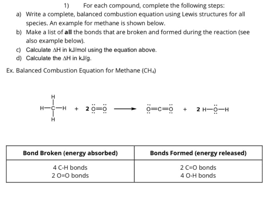 1) For each compound, complete the following steps:
a) Write a complete, balanced combustion equation using Lewis structures for all
species. An example for methane is shown below.
b)
Make a list of all the bonds that are broken and formed during the reaction (see
also example below).
c) Calculate AH in kJ/mol using the equation above.
d) Calculate the AH in kJ/g.
Ex. Balanced Combustion Equation for Methane (CH4)
H
H-C-H + 20=0
H
Bond Broken (energy absorbed)
4 C-H bonds
2 0-0 bonds
0=c=0 + 2 H-O-H
Bonds Formed (energy released)
2 C=0 bonds
4 O-H bonds