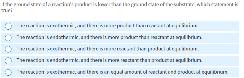 If the ground state of a reaction's product is lower than the ground state of the substrate, which statement is
true?
The reaction is exothermic, and there is more product than reactant at equilibrium.
The reaction is endothermic, and there is more product than reactant at equilibrium.
The reaction is exothermic, and there is more reactant than product at equilibrium.
The reaction is endothermic, and there is more reactant than product at equilibrium.
The reaction is exothermic, and there is an equal amount of reactant and product at equilibrium.