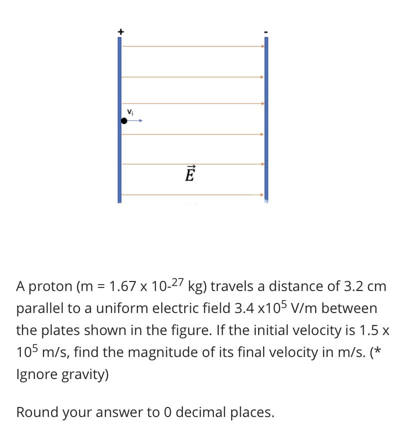 A proton (m = 1.67 x 10-27 kg) travels a distance of 3.2 cm
parallel to a uniform electric field 3.4 x105 V/m between
the plates shown in the figure. If the initial velocity is 1.5 x
105 m/s, find the magnitude of its final velocity in m/s. (*
Ignore gravity)
Round your answer to 0 decimal places.

