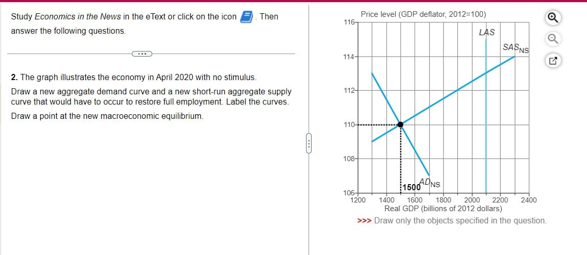 Study Economics in the News in the eText or click on the icon Then
answer the following questions.
2. The graph illustrates the economy in April 2020 with no stimulus.
Price level (GDP deflator, 2012-100)
116-
LAS
SASNS
114-
Draw a new aggregate demand curve and a new short-run aggregate supply
curve that would have to occur to restore full employment. Label the curves.
Draw a point at the new macroeconomic equilibrium.
112
110-
108-
Q
106+
1200
1400
$1500
ADNS
1600
1800 2000 2200 2400
Real GDP (billions of 2012 dollars)
>>> Draw only the objects specified in the question.
