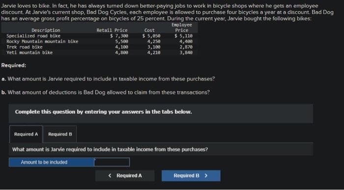 Jarvie loves to bike. In fact, he has always turned down better-paying jobs to work in bicycle shops where he gets an employee
discount. At Jarvie's current shop, Bad Dog Cycles, each employee is allowed to purchase four bicycles a year at a discount. Bad Dog
has an average gross profit percentage on bicycles of 25 percent. During the current year, Jarvie bought the following bikes:
Description
Specialized road bike
Rocky Mountain mountain bike
Trek road bike
Yeti mountain bike
Retail Price
$ 7,300
5,500
4,100
4,800
Cost
$ 5,050
4,250
3,100
4,210
Employee
Price
$ 5,110
4,400
2,870
3,840
Required:
a. What amount is Jarvie required to include in taxable income from these purchases?
b. What amount of deductions is Bad Dog allowed to claim from these transactions?
Complete this question by entering your answers in the tabs below.
Required A Required B
What amount is Jarvie required to include in taxable income from these purchases?
Amount to be included
< Required A
Required B >