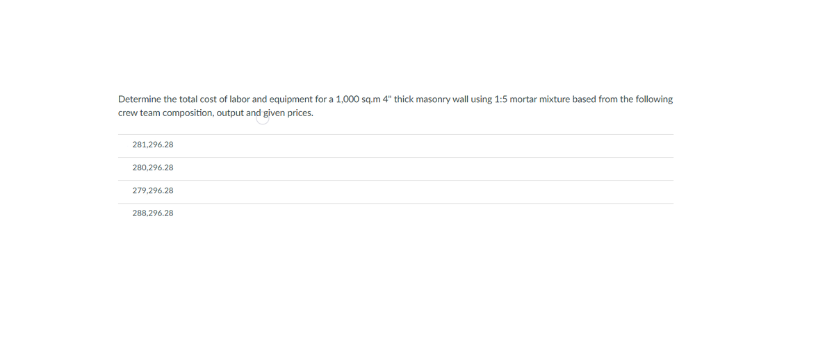 Determine the total cost of labor and equipment for a 1,000 sq.m 4" thick masonry wall using 1:5 mortar mixture based from the following
crew team composition, output and given prices.
281,296.28
280,296.28
279,296.28
288,296.28