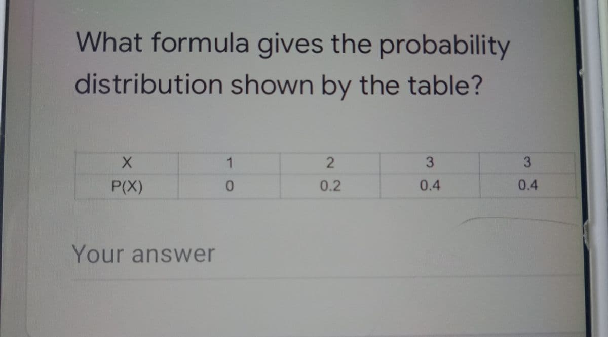 What formula gives the probability
distribution shown by the table?
1
3
P(X)
0.2
0.4
0.4
Your answer
