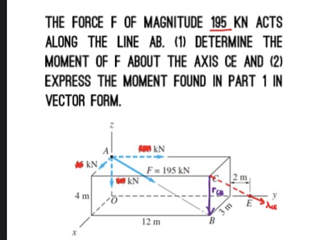 THE FORCE F OF MAGNITUDE 195 KN ACTS
ALONG THE LINE AB. (1) DETERMINE THE
MOMENT OF F ABOUT THE AXIS CE AND (2)
EXPRESS THE MOMENT FOUND IN PART 1 IN
VECTOR FORM.
5 kN/
4 m
X
--
400 KN
kN
F = 195 KN
12 m
B
3 m
2m