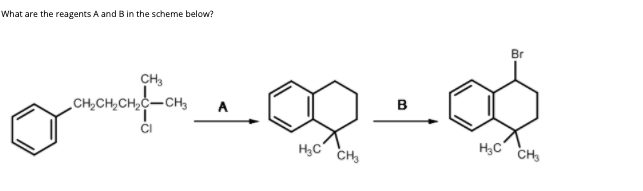 What are the reagents A and B in the scheme below?
Br
CH3
в
CH,CH,CH,C-CH,
A
HgC CHy
H;C
CH
