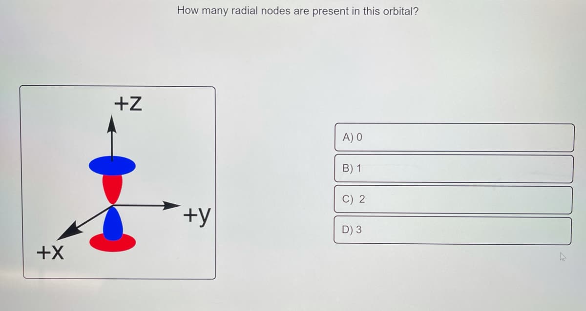 How many radial nodes are present in this orbital?
+Z
A) 0
B) 1
C) 2
+y
D) 3
+X
