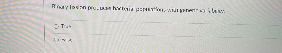 Binary fission produces bacterial populations with genetic variability.
O True
O False
