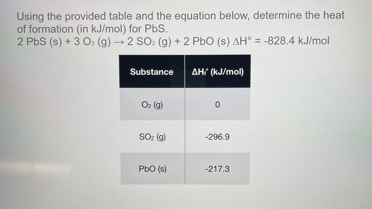 Using the provided table and the equation below, determine the heat
of formation (in kJ/mol) for PbS.
2 PbS (s) + 3 O2 (g)2 SO2 (g) + 2 PbO (s) AH° = -828.4 kJ/mol
Substance
AH¡ (kJ/mol)
O2 (g)
SO2 (g)
-296.9
PbO (s)
-217.3
