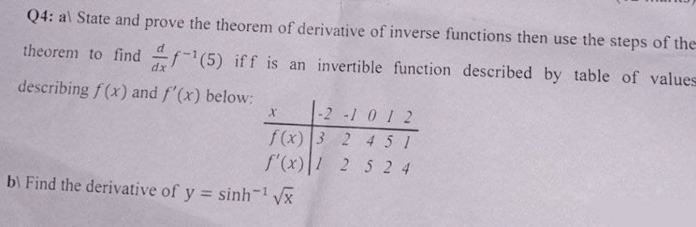 Q4: al State and prove the theorem of derivative of inverse functions then use the steps of the
theorem to find f¹(5) iff is an invertible function described by table of values
d
describing f(x) and f'(x) below:
-2 -1 0 1 2
f(x) 3 2 4 5 1
f'(x) 1
2
5 2 4
X
b\ Find the derivative of y = sinh-1 Vx