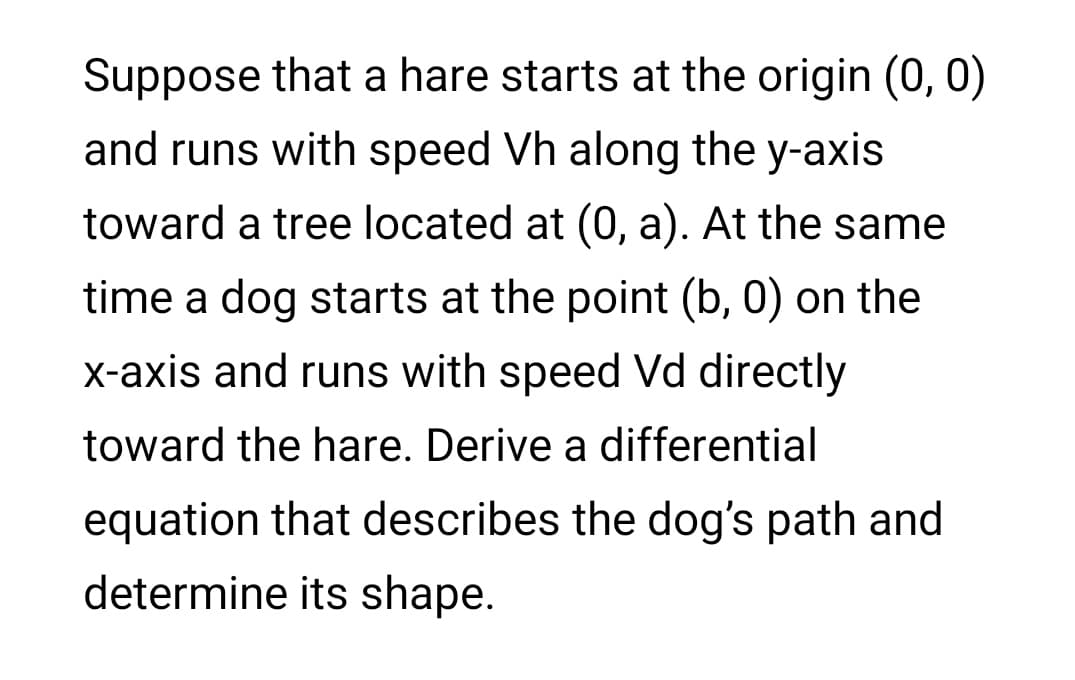 Suppose that a hare starts at the origin (0, 0)
and runs with speed Vh along the y-axis
toward a tree located at (0, a). At the same
time a dog starts at the point (b, 0) on the
x-axis and runs with speed Vd directly
toward the hare. Derive a differential
equation that describes the dog's path and
determine its shape.
