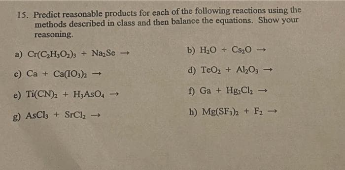 15. Predict reasonable products for each of the following reactions using the
methods described in class and then balance the equations. Show your
reasoning.
a) Cr(C₂H3O₂)3 + Na₂Se →
c) Ca + Ca(IO3)2
e) Ti(CN)2 + H3ASO4 →
g) AsCl3 + SrCl₂ →
→
b) H₂O + Cs₂0 →
d) TeO₂ + Al2O3 -
f) Ga + Hg₂Cl₂ →
h) Mg(SF3)2 + F₂ →