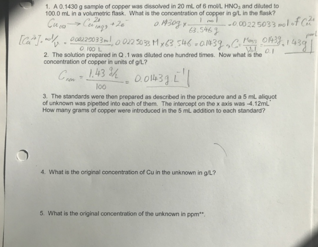 1. A 0.1430 g sample of copper was dissolved in 20 mL of 6 mol/L HNO3 and diluted to
100.0 mL in a volumetric flask. What is the concentration of copper in g/L in the flask?
Cu Cang + 2e
[Ca"], n • 00250 33 ml 0022 5033 Mx63.546=0.1439,CoMas Ol4,1439
-0.00 22 5033 molof C
porl
0.1430g x-
(S)
63.546g
0.100 L
Vol 0.1
2. The solution prepared in Q.1 was diluted one hundred times. Now what is the
concentration of copper in units of g/L?
Crn = 1.43 h
0.01439 Ľl
%3D
new
loo
3. The standards were then prepared as described in the procedure and a 5 mL aliquot
of unknown was pipetted into each of them. The intercept on the x axis was -4.12mL
How many grams of copper were introduced in the 5 mL addition to each standard?
4. What is the original concentration of Cu in the unknown in g/L?
5. What is the original concentration of the unknown in ppm**.
