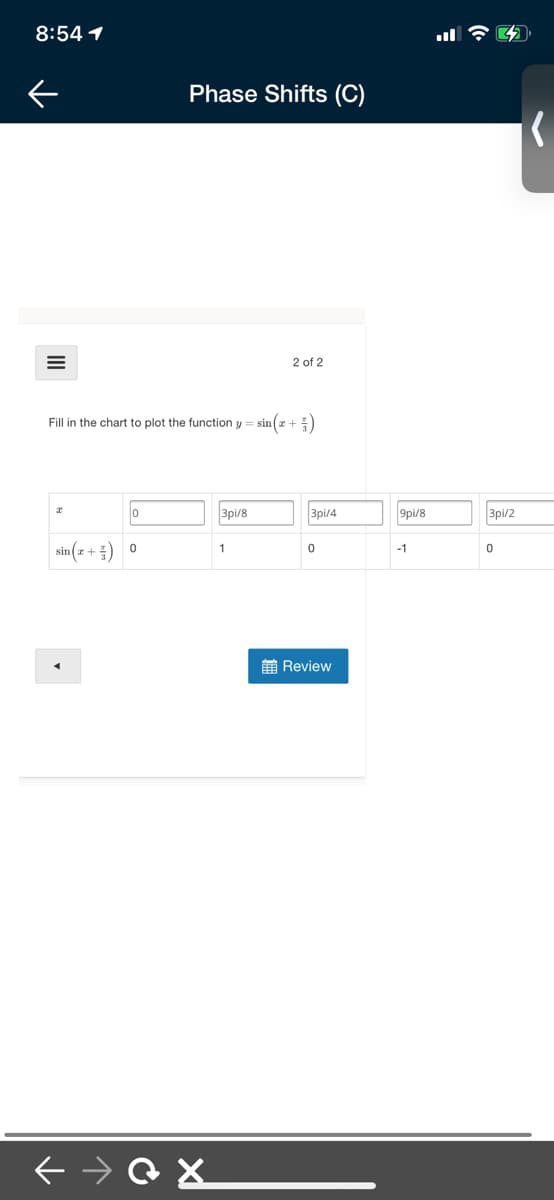 8:54 1
Phase Shifts (C)
2 of 2
Fill in the chart to plot the function y = sin(a + )
3pi/8
3pi/4
9pi/8
Зрі/2
sin(z + ) 0
1
-1
前 Review
II
