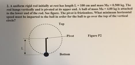2. A uniform rigid rod initially at rest has length L- 100 cm and mass MR = 0.500 kg. The
rod hangs vertically and is pivoted at its upper end. A ball of mass MB = 4.00 kg is attached
to the lower end of the rod. See figure. The pivot is frietionless. What minimum horizontal
speed must be imparted to the ball in order for the ball to go over the top of the vertical
cirele?
Top
Pivot
Figure P2
Bottom
