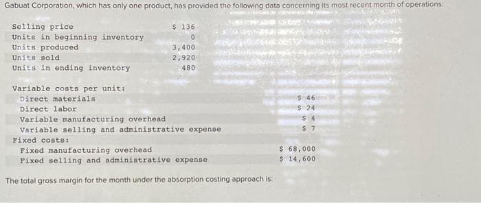 Gabuat Corporation, which has only one product, has provided the following data concerning its most recent month of operations:
Selling price
Units in beginning inventory
Units produced
Units sold
Units in ending inventory
Variable costs per unit:
Direct materials
Direct labor
$ 136
0
3,400
2,920
480
Variable manufacturing overhead
Variable selling and administrative expense
Fixed costs:
Fixed manufacturing overhead
Fixed selling and administrative expense.
The total gross margin for the month under the absorption costing approach is:
13:025
$ 46
$ 24
$4
$7
$ 68,000
$ 14,600