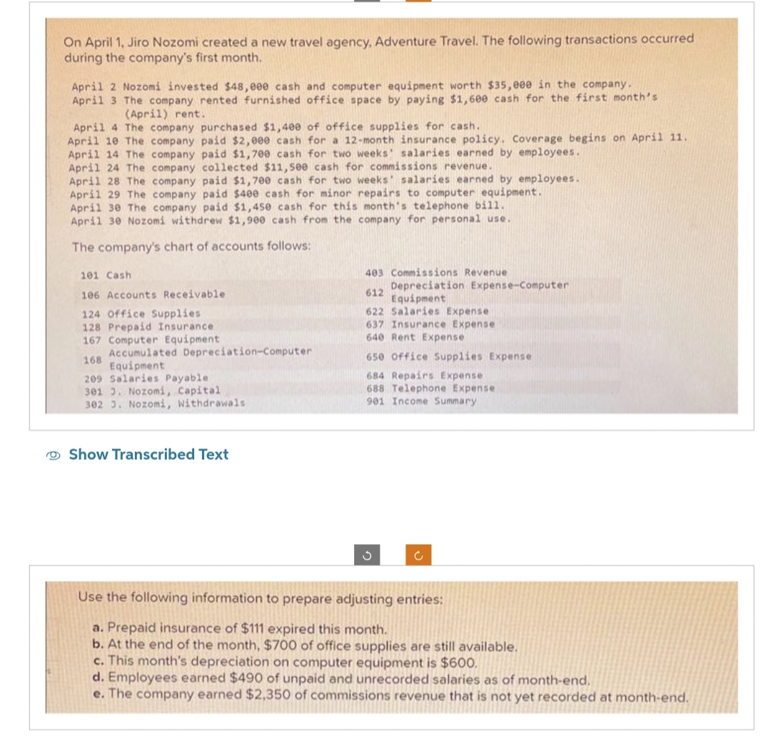 On April 1, Jiro Nozomi created a new travel agency, Adventure Travel. The following transactions occurred
during the company's first month.
April 2 Nozomi invested $48,000 cash and computer equipment worth $35,000 in the company.
April 3 The company rented furnished office space by paying $1,600 cash for the first month's
(April) rent.
April 4 The company purchased $1,400 of office supplies for cash.
April 10 The company paid $2,000 cash for a 12-month insurance policy. Coverage begins on April 11.
April 14 The company paid $1,700 cash for two weeks' salaries earned by employees.
April 24 The company collected $11,500 cash for commissions revenue.
April 28 The company paid $1,700 cash for two weeks' salaries earned by employees.
April 29 The company paid $400 cash for minor repairs to computer equipment.
April 30 The company paid $1,450 cash for this month's telephone bill.
April 30 Nozomi withdrew $1,900 cash from the company for personal use.
The company's chart of accounts follows:
101 Cash
106 Accounts Receivable.
124 Office Supplies
128 Prepaid Insurance.
167 Computer Equipment
168
209 Salaries Payable.
Accumulated Depreciation-Computer
Equipment
301 3. Nozomi, Capital
302 3. Nozomi, Withdrawals
Show Transcribed Text
403 Commissions Revenue
Depreciation Expense-Computer
Equipment
612
622 Salaries Expense
637 Insurance Expense
640 Rent Expense
650 Office Supplies Expense
684 Repairs Expense
688 Telephone Expense
901 Income Summary
S
Use the following information to prepare adjusting entries:
a. Prepaid insurance of $111 expired this month.
b. At the end of the month, $700 of office supplies are still available.
c. This month's depreciation on computer equipment is $600.
d. Employees earned $490 of unpaid and unrecorded salaries as of month-end.
e. The company earned $2,350 of commissions revenue that is not yet recorded at month-end.