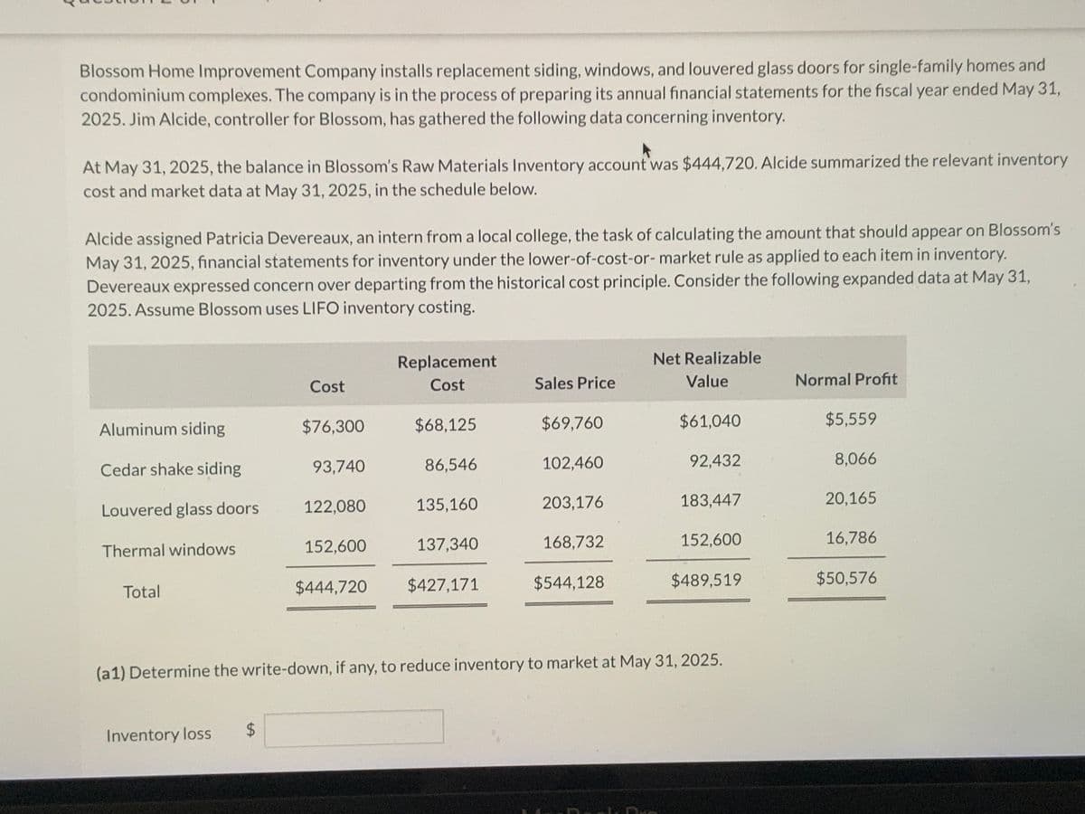Blossom Home Improvement Company installs replacement siding, windows, and louvered glass doors for single-family homes and
condominium complexes. The company is in the process of preparing its annual financial statements for the fiscal year ended May 31,
2025. Jim Alcide, controller for Blossom, has gathered the following data concerning inventory.
At May 31, 2025, the balance in Blossom's Raw Materials Inventory account was $444,720. Alcide summarized the relevant inventory
cost and market data at May 31, 2025, in the schedule below.
Alcide assigned Patricia Devereaux, an intern from a local college, the task of calculating the amount that should appear on Blossom's
May 31, 2025, financial statements for inventory under the lower-of-cost-or- market rule as applied to each item in inventory.
Devereaux expressed concern over departing from the historical cost principle. Consider the following expanded data at May 31,
2025. Assume Blossom uses LIFO inventory costing.
Aluminum siding
Cedar shake siding
Louvered glass doors
Thermal windows
Total
Inventory loss
LA
Cost
$
$76,300
93,740
122,080
152,600
$444,720
Replacement
Cost
$68,125
86,546
135,160
137,340
$427,171
Sales Price
$69,760
102,460
203,176
168,732
$544,128
Net Realizable
Value
$61,040
92,432
183,447
(a1) Determine the write-down, if any, to reduce inventory to market at May 31, 2025.
152,600
$489,519
Normal Profit
$5,559
8,066
20,165
16,786
$50,576