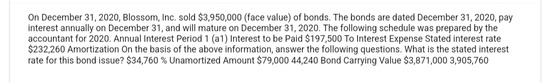 On December 31, 2020, Blossom, Inc. sold $3,950,000 (face value) of bonds. The bonds are dated December 31, 2020, pay
interest annually on December 31, and will mature on December 31, 2020. The following schedule was prepared by the
accountant for 2020. Annual Interest Period 1 (a1) Interest to be Paid $197,500 To Interest Expense Stated interest rate
$232,260 Amortization On the basis of the above information, answer the following questions. What is the stated interest
rate for this bond issue? $34,760 % Unamortized Amount $79,000 44,240 Bond Carrying Value $3,871,000 3,905,760